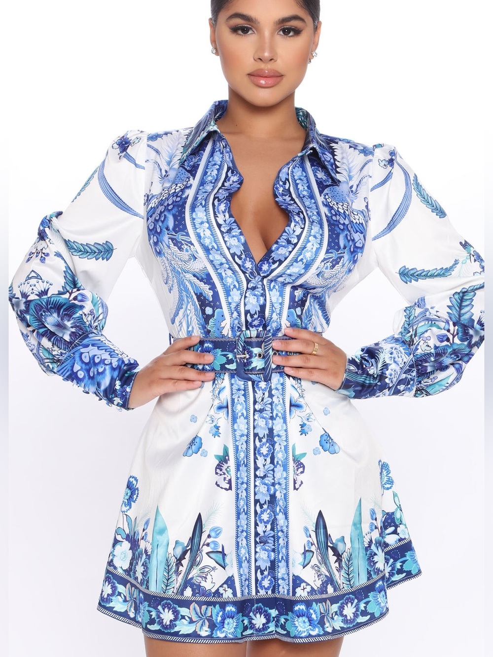 New Fashion Nova Blue & White Floral Shirt Dress with Belt